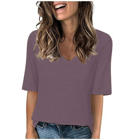 VgaVtl Womans Tops Elbow-Length Brown T Shirts for Women Trendy Casual Solid Loose V-Neck Tops