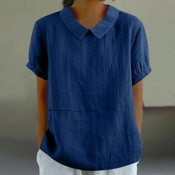 VgaVtl Women Blouses Casual Short Sleeve Cotton Linen Tops Women Cute Loose Solid Color Everyday Minimalist Tops,Blue M