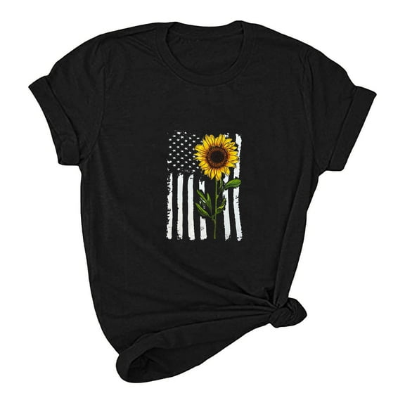VgaVtl Women Clothing Under $5 Summer Short Sleeve Crew Neck Black T-Shirt Print Casual Loose Tops
