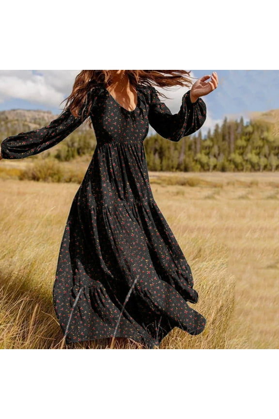 Women Dress Long Sleeve A-Line Black Women Dresses Plus Long Casual Loose Floral Dresses