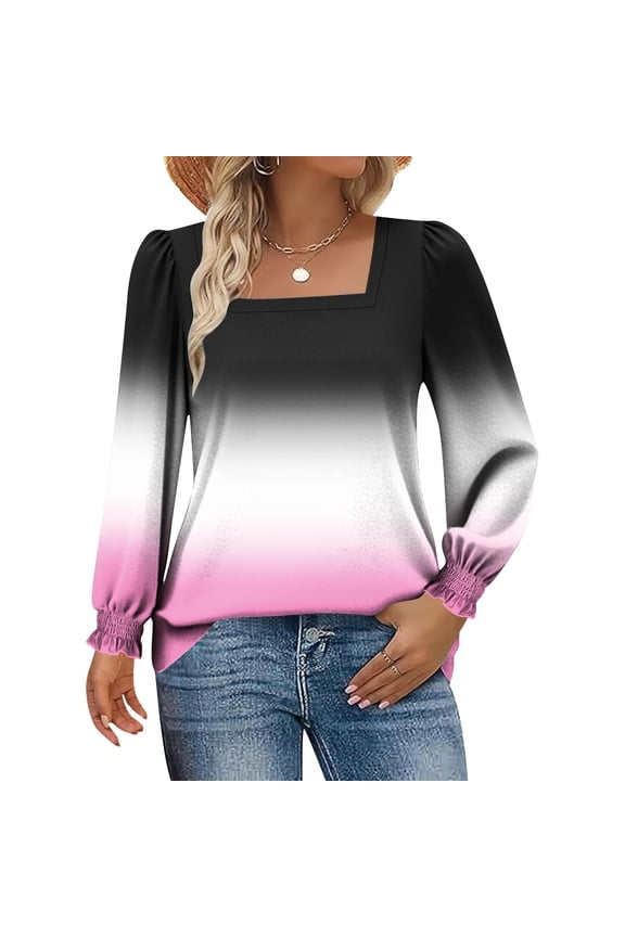 Women Shirts Fall Winter Square Neckline Long Sleeve Women Plus Size Tops Casual Dressy Puff Sleeve Pink Shirts,XXL