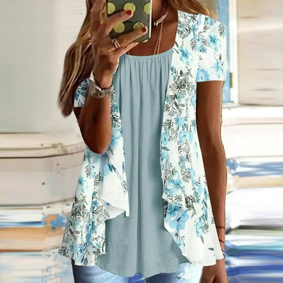 VgaVtl Women Sleepwears Under $5 Short Sleeve Green Square Neckline T-Shirt Floral Loose Casual Tops