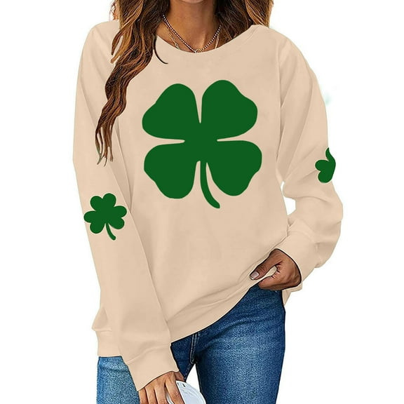VgaVtl Women Sweatshirt St. Patrick's Day Long Sleeve Ladies Plus Size Tops Holiday Loose Lightweight Shamrock Tops,Beige XS