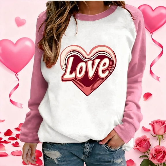 VgaVtl Women Sweatshirts Valentines Day Long Sleeve Pink Plus Size Tops for Women Funny Loose Graphic Pullover Party Tops