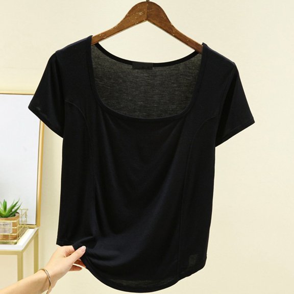 VgaVtl Women T Shirt Cotton Square Neckline Short Sleeve Juniors Topss Leisure Single Loose Vacation Soft Yoga Shirts,Black XXL