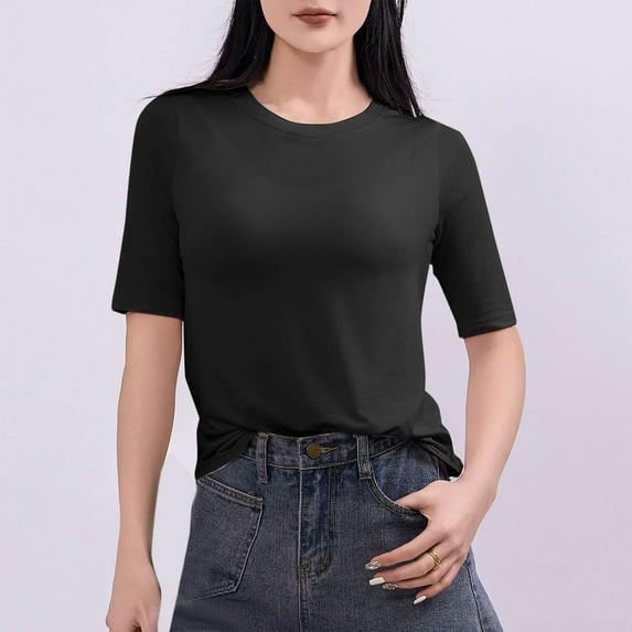 VgaVtl Women T Shirt Elbow-Length Summer Plus Size Tops Women Solid Color Layering Basic Slim Casual Homewear Shirts,Black XL