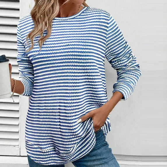 VgaVtl Women T Shirt Long Sleeve Fall Winter Tops for Women Plus Size Striped Pullover Blue Casual Workout Loose Shirts,XXL