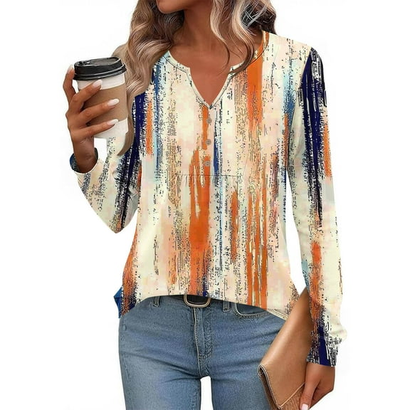 VgaVtl Women T Shirt Long Sleeve V-Neck Womens Plus Size Tops Casual Orange Graphic Layering Regular Fancy Shirts,S
