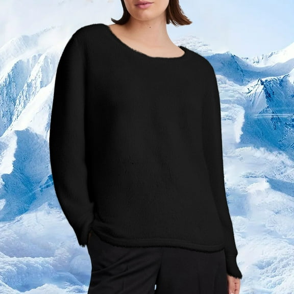 VgaVtl Women T Shirts Fleece Fall Winter Long Sleeve Women Plus Size Tops Casual Warm Solid Color Loose Black Shirts,3XL