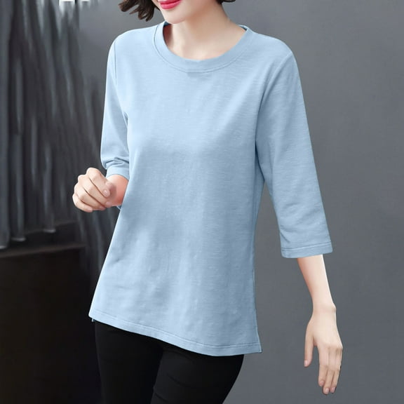 VgaVtl Women T Shirts Summer Elbow-Length Ladies Tops Solid Color Casual Workout Sports Basic Regular Shirts,Blue 3XL