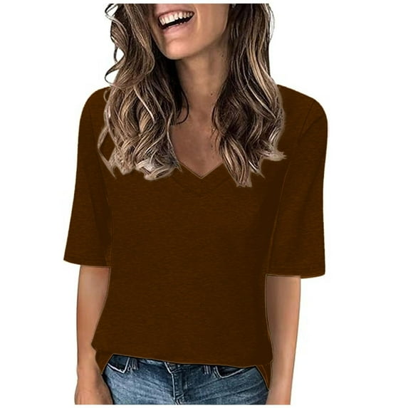 VgaVtl Women Tops Summer Brown Elbow-Length T Shirts for Women Pack Casual Solid Loose V-Neck Tops
