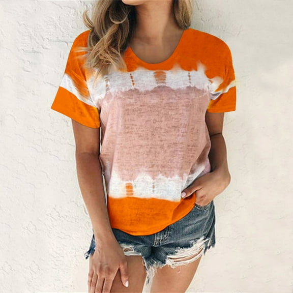 VgaVtl Women Tops Under $5 Orange Crew Neck Short Sleeve T-Shirt Casual Loose Print Tops