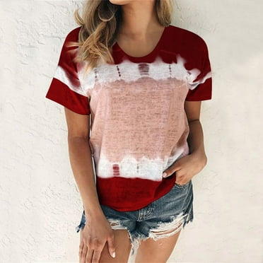 VgaVtl Women Tshirts Under $5 Clearance Short Sleeve Crew Neck Red T-Shirt Casual Loose Print Tops