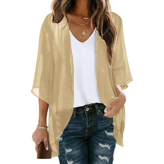 VgaVtl Women's Cardigans Open Front Yellow Basic Long Sleeve Light Cardigans for Women Summer Solid Loose Casual Cardigans
