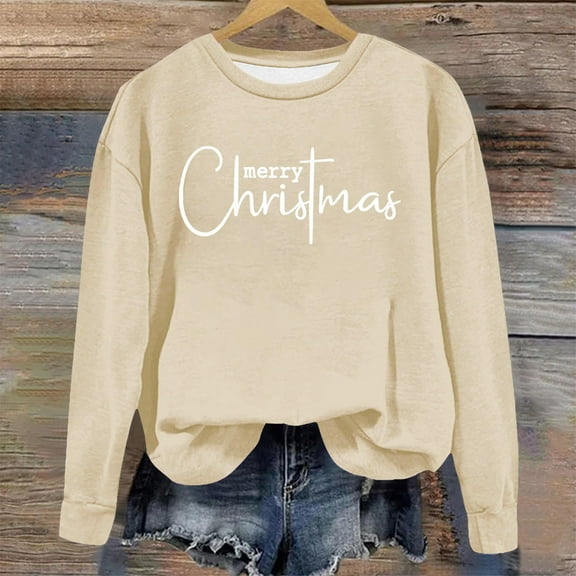 VgaVtl Women's Christmas Sweatshirts Beige Ladies Sweatshirts Pullover Comfy Holiday Relaxed Fit Crew Neck Sweatshirt