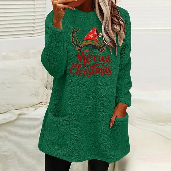 VgaVtl Women's Christmas Sweatshirts Casual Fleece Sweatshirts for Women Plus Size Long Sleeve Pockets Graphic Sweatshirt,Green M