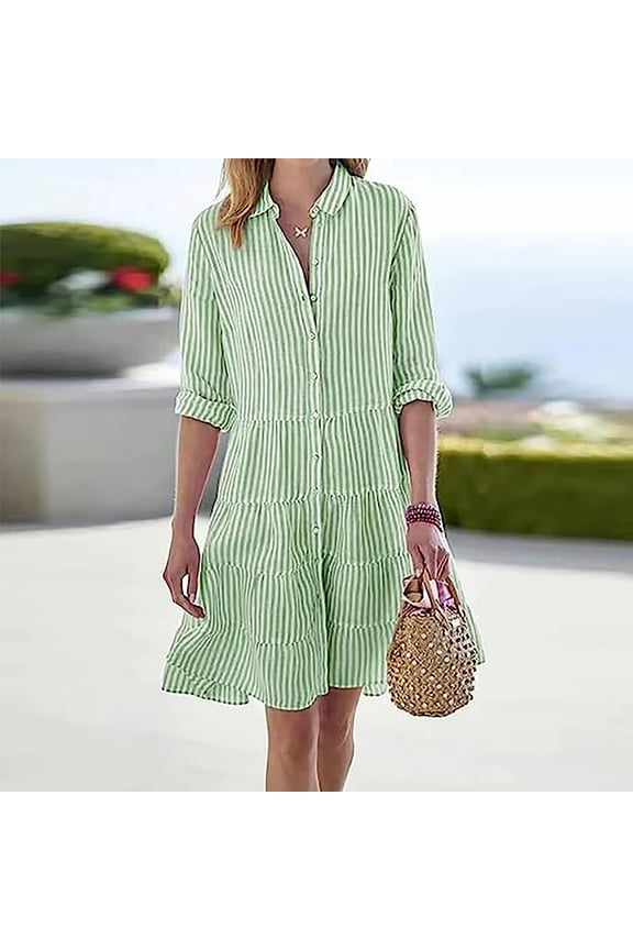 Women's Dresses Green Long Sleeve Shirt Dress Midi Dresses for Women Striped Loose Lapel Casual Dresses