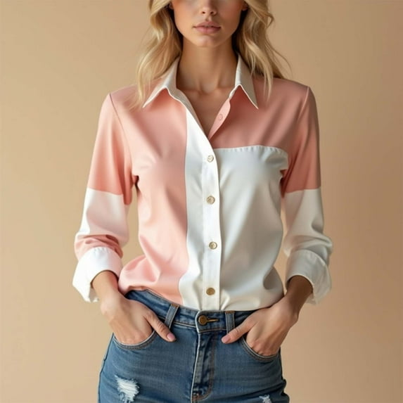 VgaVtl Women's Shirts Long Sleeve Cotton Collared Plus Size Tops Women Casual Office Loose Pink Button Down Color Block Shirts,M