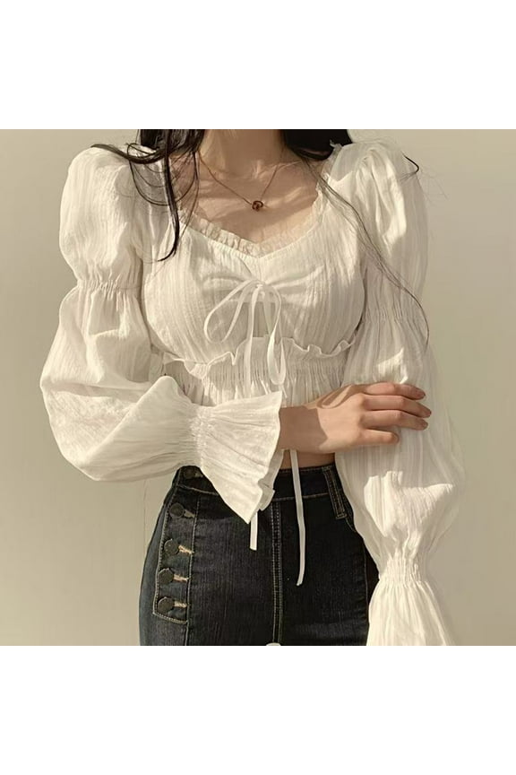 Women's Shirts Long Sleeve Square Neckline Juniors Tops Slim Dressy Plain Ruffles Casual Puff Sleeve Tops,White S