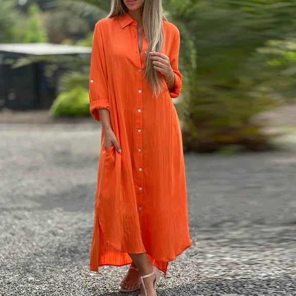 VgaVtl Women's Summer Dresses Long Sleeve Orange Cotton Shirt Dress Woman Dresses Plus Size Long Solid Dresses