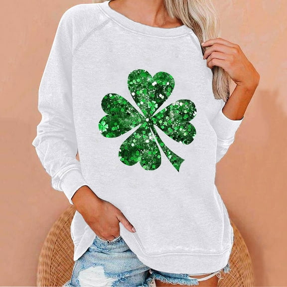 VgaVtl Women's Sweatshirt Long Sleeve St. Paddy's Day Plus Size Womens Tops Vacation Casual Loose Glitter Shamrock Tops,White 2XL