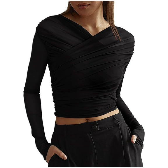 VgaVtl Women's T Shirts Cropped Long Sleeve V-Neck Ladies Tops Undershirts Slim Leisure Black Plain Shirts,S