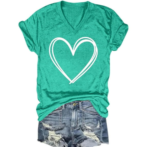 VgaVtl Women's T Shirts Short Sleeve V-Neck Women Plus Size Tops Camping Casual Romantic Bottoming Heart-shaped Tops,Green XL