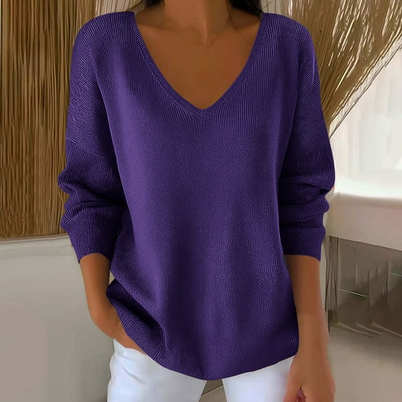 VgaVtl Women's T Shirts V-Neck Long Sleeve Plus Size Womens Tops Sports Plain Basic Loose Casual Purple Shirts,L