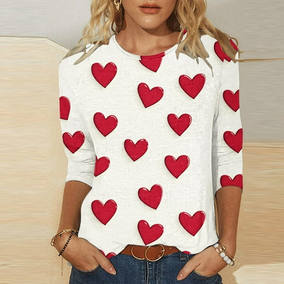 VgaVtl Women's T Shirts Valentines Day Cute 3/4 Sleeve Tops for Women Plus Size Red Loose Comfy Leisure Love Print Tops