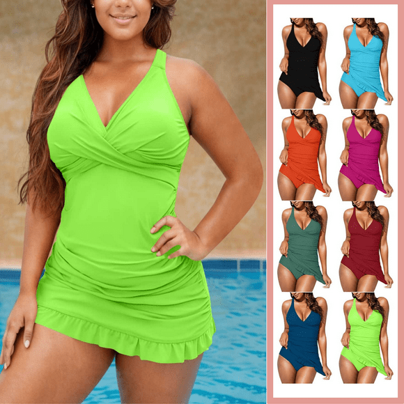 VgaVtl Womens Bathing Suits One Piece Plus Size Racerback Swimsuit for Women Ruffled Solid Color with Skirt Swimsuits,Green L