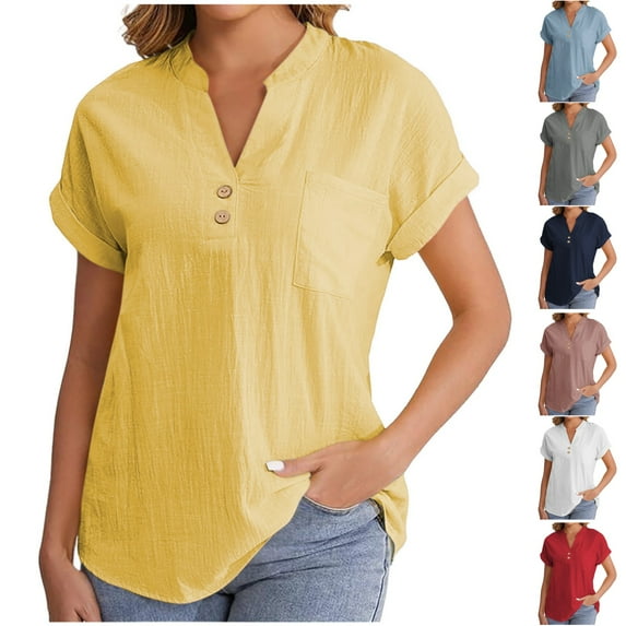 VgaVtl Womens Blouses Casual Cotton Linen Short Sleeve Ladies Tops Loose Pocket Button Everyday Solid Color Tops,Yellow XXL