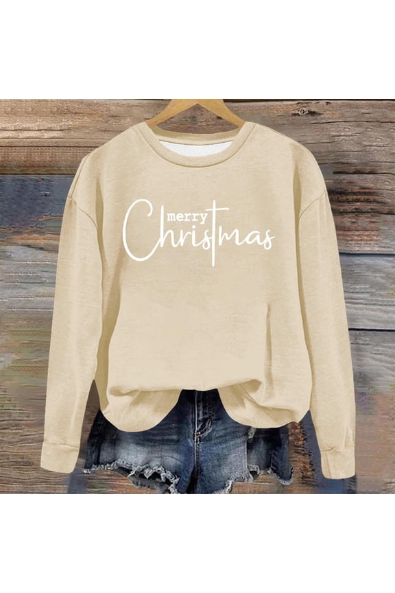 Womens Christmas Sweatshirts Beige Oversized Sweatshirts for Women Pullover Comfy Crew Neck Holiday Sweatshirt