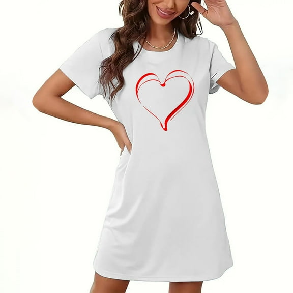 VgaVtl Womens Nightgowns & Sleepshirts White Short Sleeve Sleepwear for Women Plus Size Breathable Love Print Cute Nightgowns