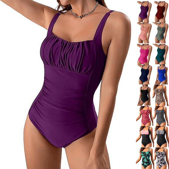 Odbmxy Womens One Piece Bathing Suit Purple Bikini Tummy Control Bathing Suits for Women Plus Size Solid Swimsuits
