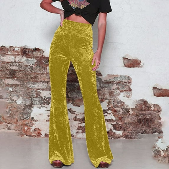 VgaVtl Womens Pants Clearance Under $10 Wide-Leg High Rise Plus Size Womens Trousers Slim Bootcut Yellow Fleece Pants