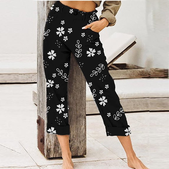 VgaVtl Womens Pants Under $12.00 Black Cropped Womens Trousers Clearance Casual Print Relaxed Loose Pants