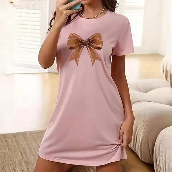 VgaVtl Womens Plus Size Sleep Shirts Pink Short Sleeve Womens Plus Size Nightgowns Loose Comfy Bow Print Holiday Nightgowns