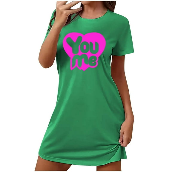 VgaVtl Womens Plus Size Sleep Shirts Short Sleeve Green Womens Nightgown Holiday Loose Comfy Valentines Day Print Nightgowns