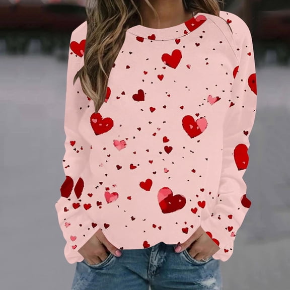 VgaVtl Womens Plus Size Sweatshirts Long Sleeve Pink Valentines Ladies Tops Pullover Loose Party Soft Heart Print Tops