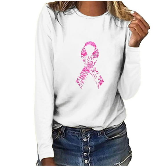VgaVtl Womens Plus Size T Shirts Breast Cancer Long Sleeve Womens Tops Loose Graphic White Casual Holiday Shirts,XL
