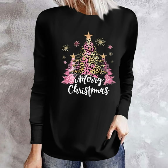 VgaVtl Womens Plus Size T Shirts Christmas Cotton Long Sleeve Womens Shirts Vacation Workout Christmas Graphic Tops,Black L