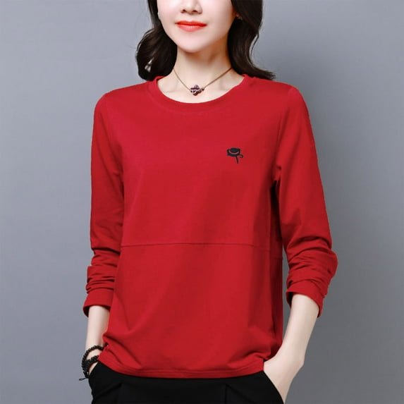 VgaVtl Womens Plus Size T Shirts Long Sleeve Fall Winter Tops for Women Solid Color Casual Layering Workout Red Loose Shirts,3XL