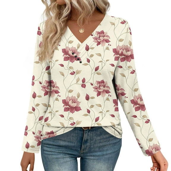 VgaVtl Womens Plus Size T Shirts Long Sleeve V-Neck Women's Tops Holiday Regular Casual Fancy Floral Pink Shirts,XL