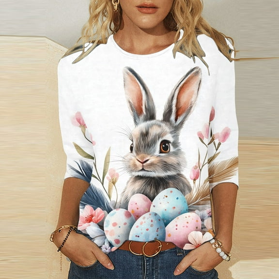 VgaVtl Womens Plus Size Tee Shirts 3/4 Sleeve Easter Print Tops for Women Casual Lovely Graphic Everyday Regular Tops,S
