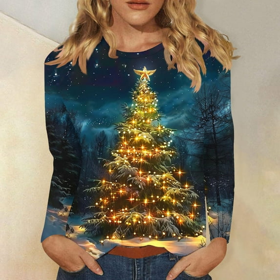 VgaVtl Womens Plus Size Tee Shirts Long Sleeve Christmas Women Tops Cute Holiday Regular Christmas Tree Leisure Tops,Red 5XL