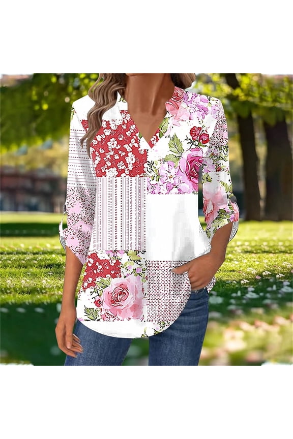 Womens Plus Size Tee Shirts Long Sleeve V-Neck Womens Tops Loose Leisure Button Vacation Floral Pink Shirts,XL