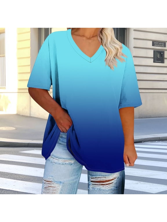 Womens Plus Size Tee Shirts V-Neck Short Sleeve Womens Tops Trendy Loose Casual Gradient Print Party Sports Shirts,Blue L