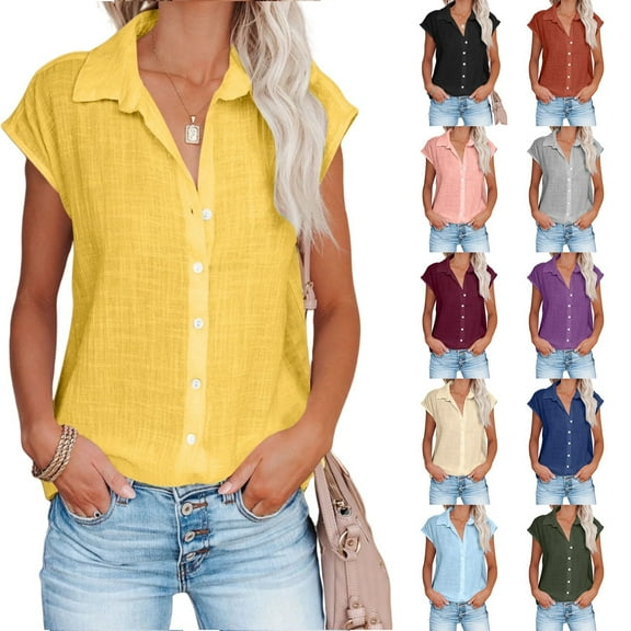 VgaVtl Womens Plus Size Tunics Lapel Yellow Short Sleeve T-Shirt Casual Loose Solid Tops