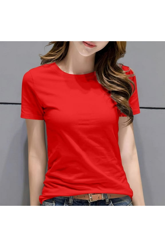 Womens Plus Tees Cotton Short Sleeve Plus Size Womens Tops Holiday Plain Soft Casual Basic Slim Shirts,Red L