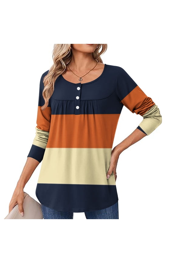 Womens Plus Tees Fall Winter Long Sleeve Womens Tops Loose Pleated Dressy Color Block Holiday Orange Shirts,XXL